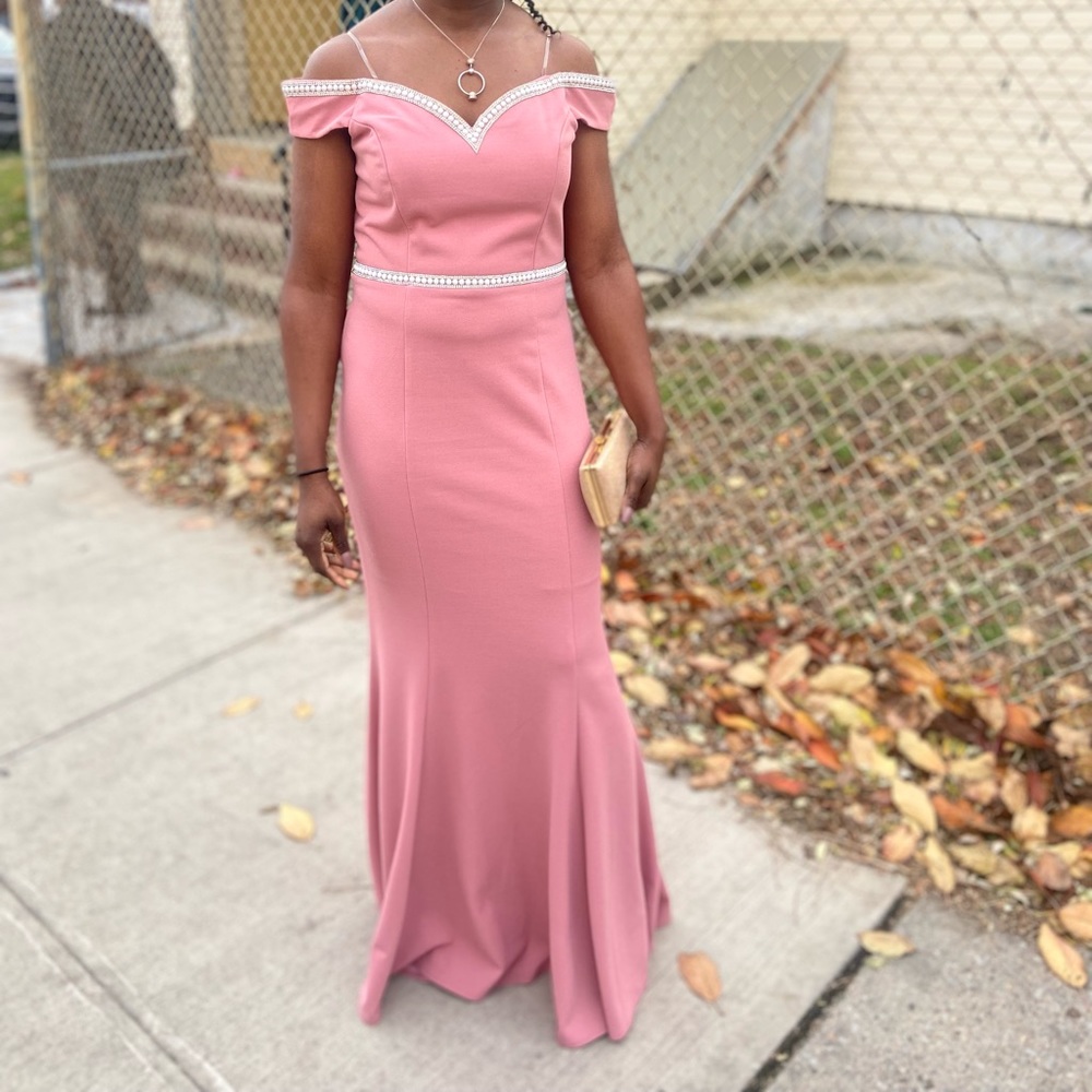Wedding/Prom dress blush pink dress,off the shoulder with pearls around